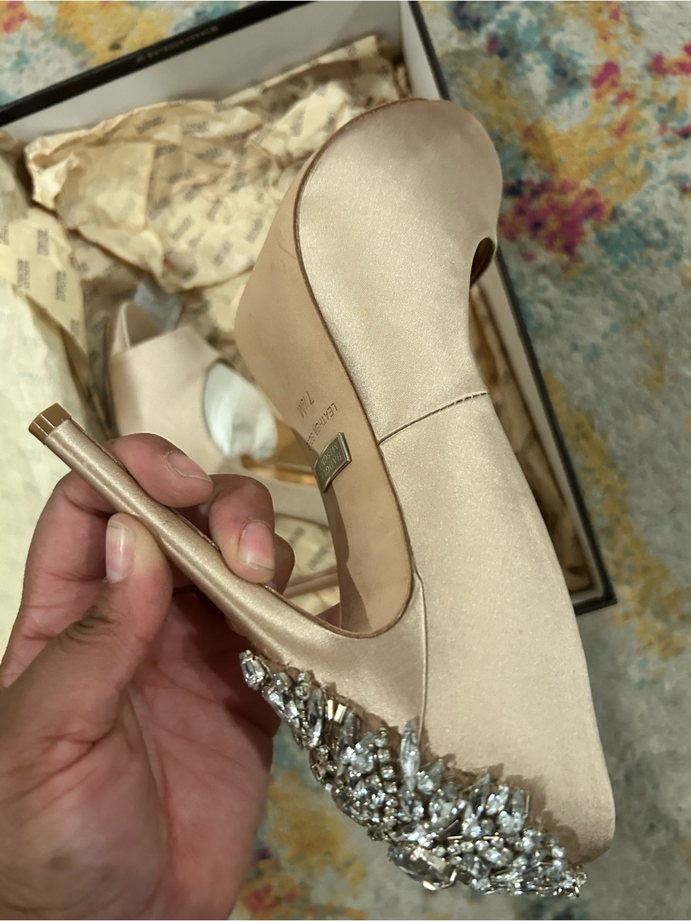 Badgley Mischka Satin Open-Toe Heels with Jewel Heel - Picture 6 of 7